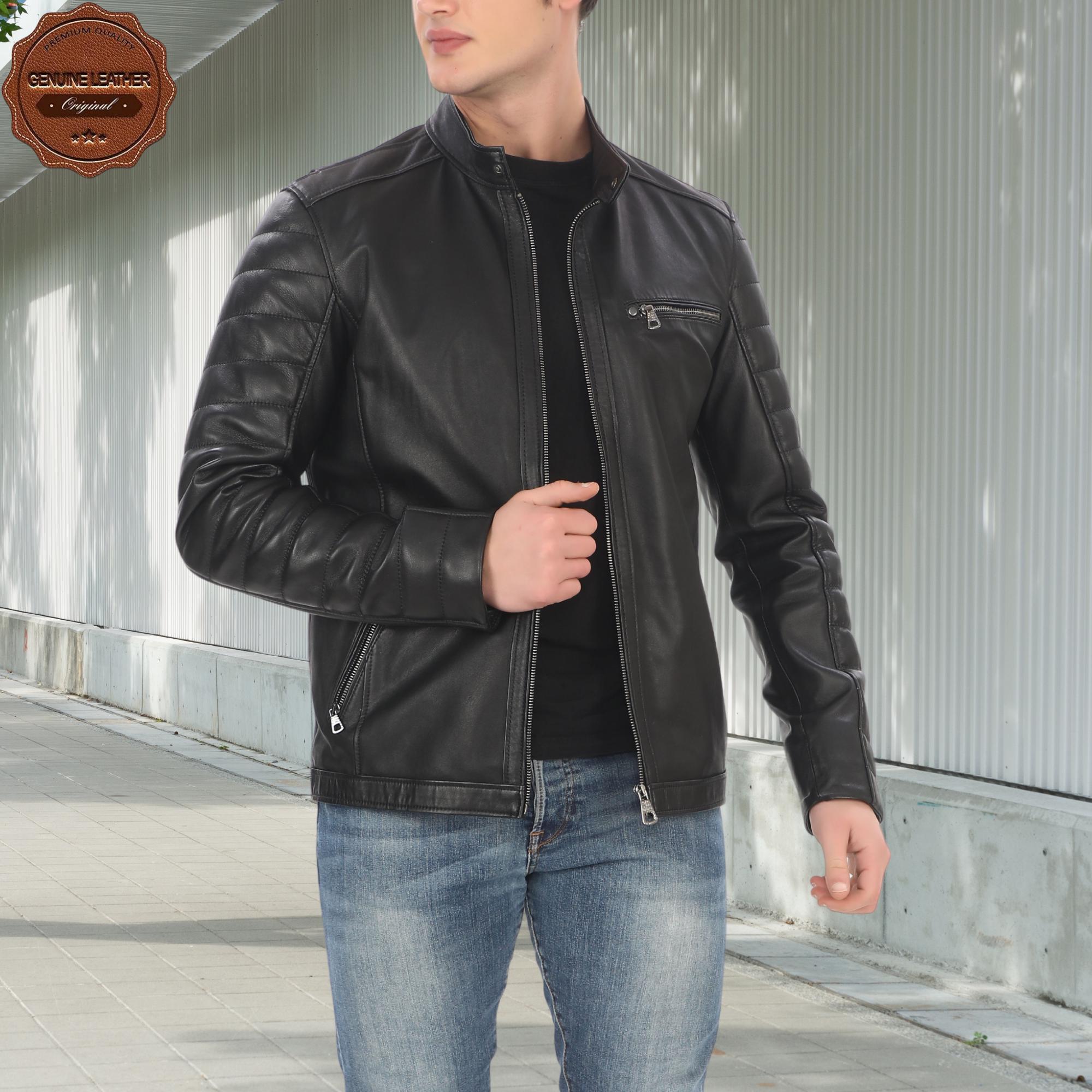Men's Genuine Leather Jacket Black Lambskin Biker Coat Quilted
