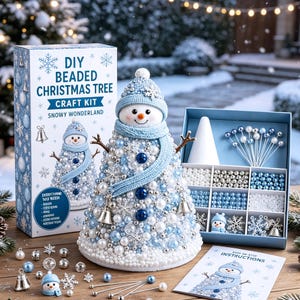 May include: A DIY beaded Christmas tree craft kit featuring a snowman-shaped tree covered in blue, white, and silver beads, snowflakes, and bells. The set includes a box with compartments for beads, pins, a cone base, and an instruction booklet.