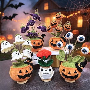 Vaso de abóbora fantasma de crochê personalizado para o Halloween, vaso de flores fantasma, decoração de mesa de Halloween, decoração gótica artesanal para casa, planta de rosa de crochê em vaso.