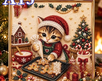 May include: A square diamond painting kit labeled A13 featuring a kitten wearing a red Santa hat and green apron, decorating gingerbread cookies on a black tray. The scene includes a gingerbread house, a decorated Christmas tree, and gifts.