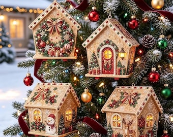 May include: Four house-shaped Christmas ornaments hanging on a pine tree. Each ornament features intricate gold-toned detailing, festive wreaths, bows, a snowman, a reindeer, and illuminated windows. The decorations are accented with red and green colors.