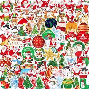 May include: A collection of Christmas-themed stickers featuring Santa Claus, reindeer, snowmen, decorated pine trees, stockings, ornaments, snowflakes, and sweaters. The designs include text such as Merry Christmas and Happy New Year.