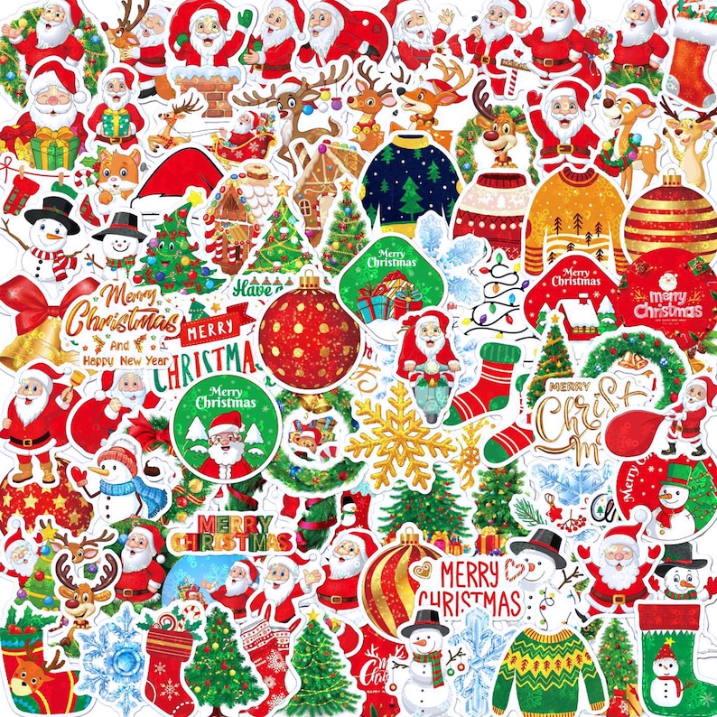 May include: A collection of Christmas-themed stickers featuring Santa Claus, reindeer, snowmen, decorated pine trees, stockings, ornaments, snowflakes, and sweaters. The designs include text such as Merry Christmas and Happy New Year.