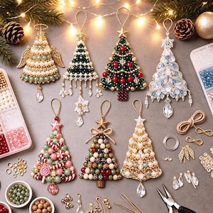 May include: Seven handcrafted Christmas tree ornaments made from assorted beads, pearls, and crystals. The ornaments feature various color schemes including green, red, gold, white, and blue, with hanging loops and dangling crystal accents.
