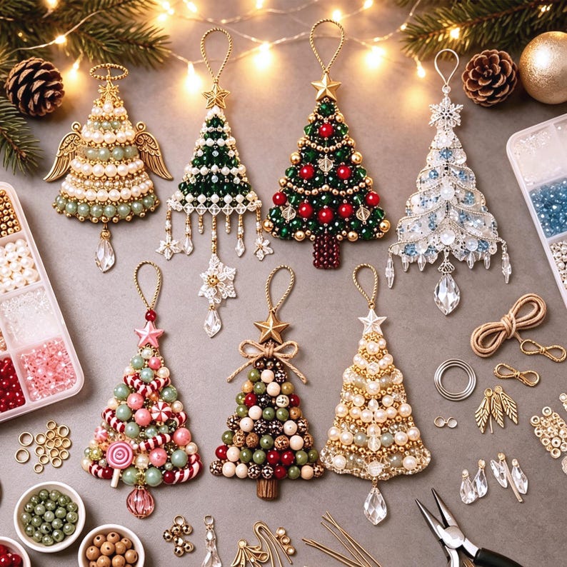 May include: Seven handcrafted Christmas tree ornaments made from assorted beads, pearls, and crystals. The ornaments feature various color schemes including green, red, gold, white, and blue, with hanging loops and dangling crystal accents.