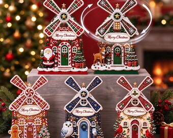 Christmas DIY Pearl Art Ornament Kit,Rotatable Christmas Windmill House Ornament,Xmas Tabletop Decor,Holiday DIY Craft Gift for Adults & Kid