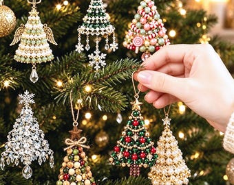 May include: A collection of decorative Christmas tree ornaments featuring various designs including beaded cone shapes, angel figures with wings, and star toppers. The ornaments are crafted with pearls, crystals, and colorful beads, hanging from strings on a pine tree.