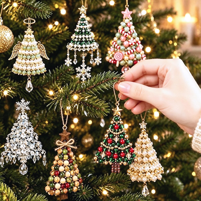 May include: A collection of decorative Christmas tree ornaments featuring various designs including beaded cone shapes, angel figures with wings, and star toppers. The ornaments are crafted with pearls, crystals, and colorful beads, hanging from strings on a pine tree.