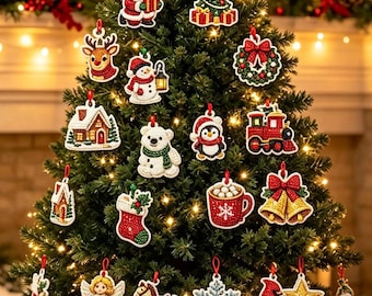 May include: A collection of twenty-one assorted Christmas ornaments featuring diamond-style beaded textures. Designs include Santa, a tree, reindeer, snowman, wreath, house, polar bear, penguin, train, stocking, cocoa mug, bells, angel, horse, and snowflake.