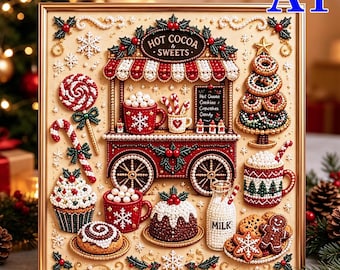 May include: A square framed diamond painting featuring a red and white striped hot cocoa cart with the text 'HOT COCOA & SWEETS'. The scene includes a lollipop, candy cane, cupcake, mugs of cocoa, a milk bottle, cookies, and a gingerbread man.