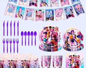 Decoración para fiesta de cumpleaños de K*op D*mon H*nters, suministros para fiesta de cumpleaños de K*op, globos, adornos para pasteles/cupcakes, remolinos, servilletas, cubiertos, mantel, fondo