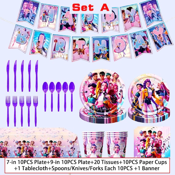 K-pop Demon Hunters Birthday Party Decor,Kpop Bday Party Supplies,Balloons,Cake/Cupcake Toppers,Swirls,Napkins,Cutlery,Tablecloth,Backdrop