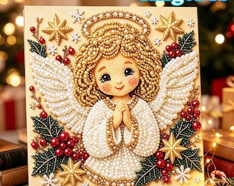 May include: A square craft project featuring a beaded angel with curly gold hair, a halo, and white wings. The angel has hands clasped in prayer and wears a white garment. The design includes red berries, green leaves, gold stars, and snowflakes. The text Angel A is in the top right corner.