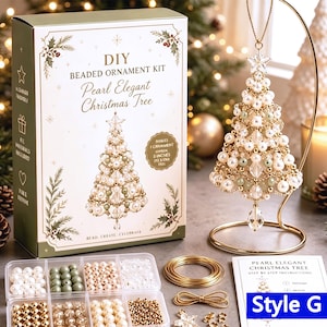 May include: A DIY beaded ornament kit box labeled Pearl Elegant Christmas Tree with a finished tree ornament on a gold stand. The kit includes white, green, and gold beads, wire, and instructions to create a 5-inch tall Christmas tree ornament.