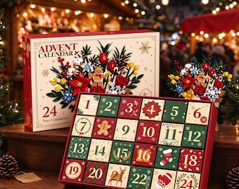 May include: A rectangular advent calendar box with a floral and gingerbread man illustration, featuring the text ADVENT CALENDAR 24 Days Countdown. Below, a grid of 24 numbered boxes in red, green, and cream with holiday icons.