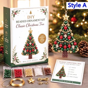 May include: A DIY beaded ornament kit for a classic Christmas tree, including a box, a finished 5-inch tall tree ornament, five small bags of assorted beads, gold wire, a star topper, and a printed instruction card with step-by-step guides.
