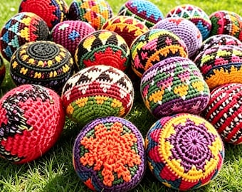 Hacky Sack de ganchillo hecho a mano, pelota de malabares suave, perfecta para juegos al aire libre. Ganchillo estilo boho, saco de fútbol con patrón geométrico colorido para niños/adultos.