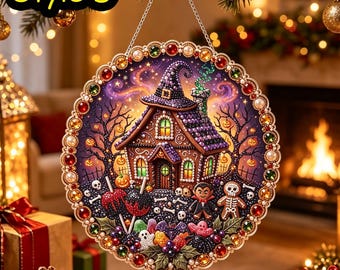 May include: A round hanging decoration featuring a diamond art design of a witch's house, a vampire, and a skeleton. The border is adorned with colorful gems. The text 'Style D' and 'Size: 7.8*7.8in/19.8*19.8cm' are visible on the image.