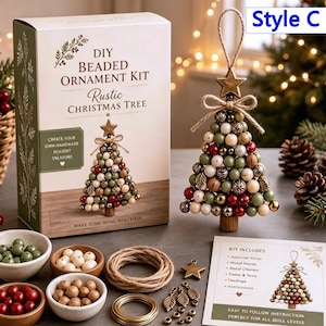 May include: A DIY beaded ornament kit for a rustic Christmas tree, featuring a box with product text, a finished tree-shaped ornament made of green, red, and wood-toned beads with a star topper, plus loose beads, twine, and metal charms.