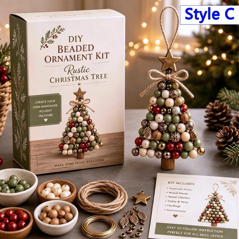 May include: A DIY beaded ornament kit for a rustic Christmas tree, featuring a box with product text, a finished tree-shaped ornament made of green, red, and wood-toned beads with a star topper, plus loose beads, twine, and metal charms.