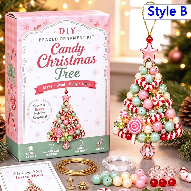 May include: A DIY beaded ornament kit for a candy Christmas tree. The box features pink and white packaging with the text 'DIY BEADED ORNAMENT KIT Candy Christmas Tree'. Includes a finished tree ornament, gold wire, clear cord, and assorted beads.