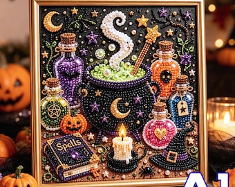 May include: A framed diamond painting featuring a black cauldron with green bubbling liquid, surrounded by colorful potion bottles, a spellbook labeled Spells, a lit candle, a witch hat, and a wand, all decorated with sparkling beads.