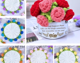 かぎ針編みのバラの花束コースターと花かごポットキット、父の日