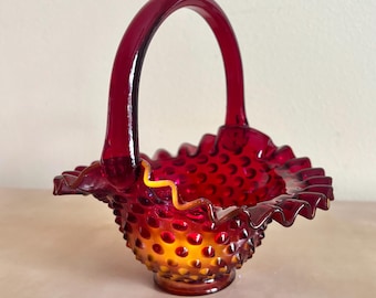Fenton Ruby Red Hobnal Glass Basket with Amberina UV Glow, Vintage Collectible Glass