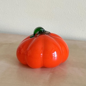 Vintage Art Glass Pumpkin, Small Fall Orange Decor, Hand Blown Autumn Paperweight