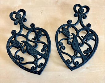 Vintage Pair Cast Iron Bird Heart Trivets, Kitchen Wall Decor