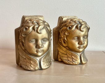 Vintage Gold Cherub Bookends, Pair Heavy Toyo Gilded Gold Home Accents, Ornate Regency Bookshelf Decor, Classical Book Ends