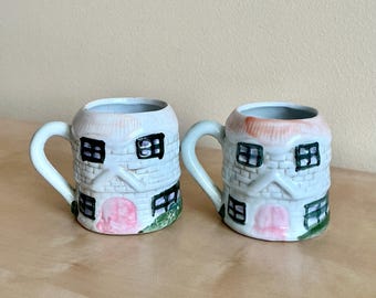Vintage Cottage Mug Set, Ceramic House Tea Cups, English Style Cottagecore Decor, Whimsical Cups