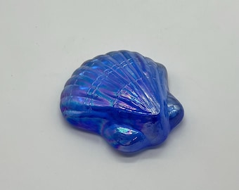 Vintage Iridescent Blue Shell Paperweight, 3” Glass Sea Clam, Beach House Decor