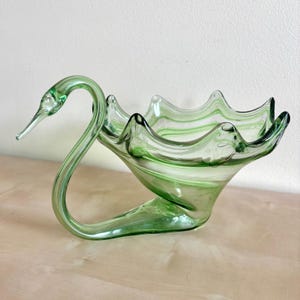 Ciotola vintage in stile Murano a forma di cigno verde, cigno in vetro soffiato a mano, fioriera MCM