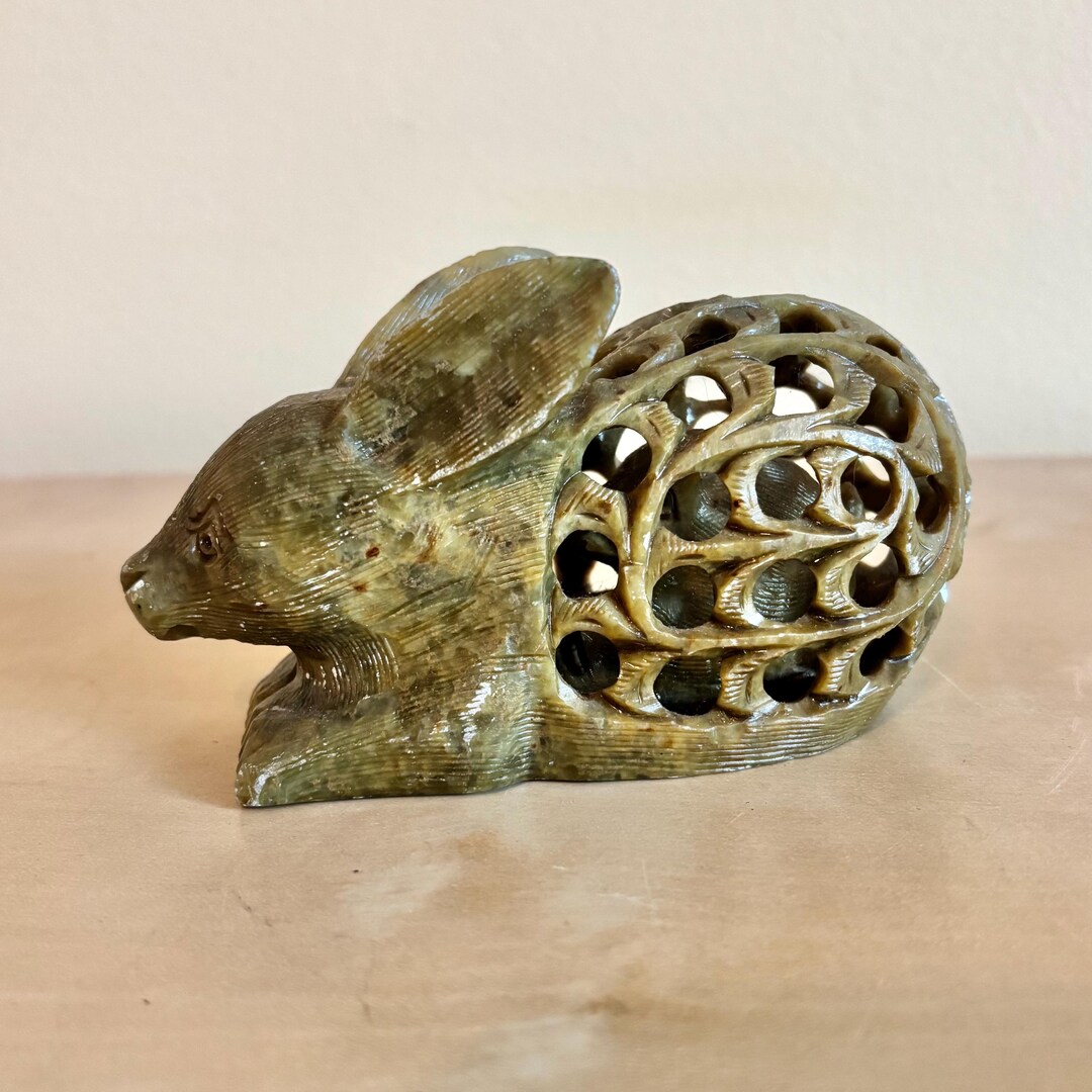 Vintage Soapstone Rabbit With Baby Carving, Hand Carved Bunny Figurine ...