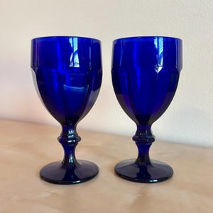Two Libbey Cobalt Blue Glass Water Goblets, Vintage Duratuff Glasses Pair of 2, Made in USA