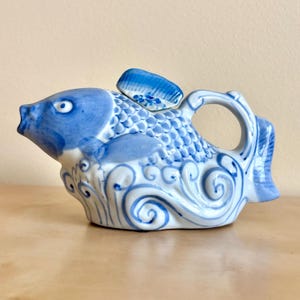 Vintage Koi Fish Teapot, Blue and White Chinoserie Decor, 7.5” Ceramic
