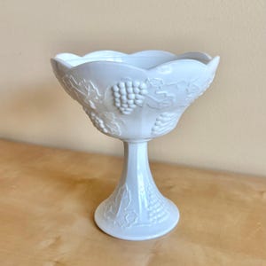 Vintage Milk Glass Pedestal, Indiana Glass Co Colony Harvest Grape, White Centerpiece Decor
