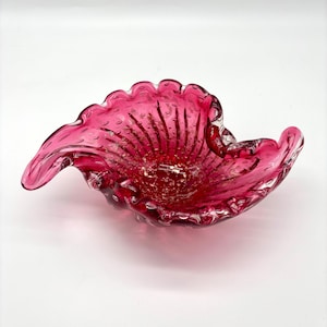 Vintage Murano Style Cranberry & Gold Glass Bowl, Hand Blown Art Glass
