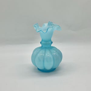 Fenton 5” Blue Overlay Melon Vase, Small Vintage Ruffle Edge, Collectible Glass