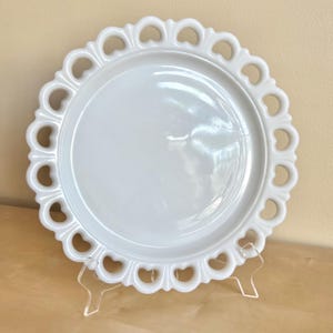 Anchor Hocking Milk Glass Open Lace Heart Platter, 13” Vintage Collectible White Glass Tray
