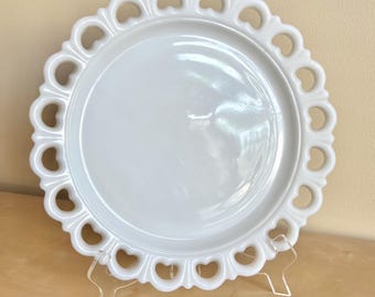 Anchor Hocking Milk Glass Open Lace Heart Platter, 13” Vintage Collectible White Glass Tray