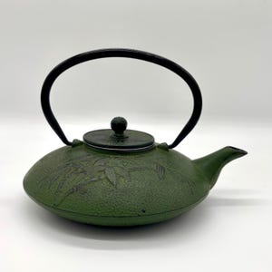 Japanese Cast Iron Tetsubin Teapot, Vintage Green Bamboo Kettle w/ Screen