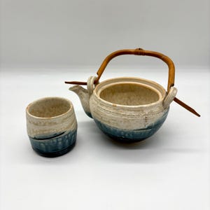 Vintage Handmade Teapot & Cup Pottery, Blue Stoneware w/ Bamboo Handle