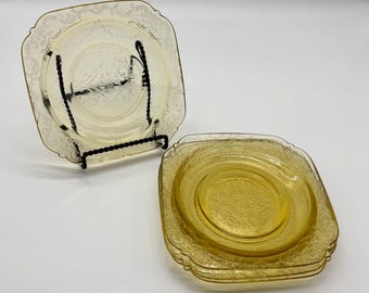 Set di 4 piatti da torta in vetro giallo Depression, Federal Glass Co Madrid, anni '30