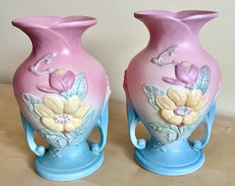 Pair Hull Art Pottery Magnolia Vases, Vintage Mid-Century Pink Decor, Floral Home Accents