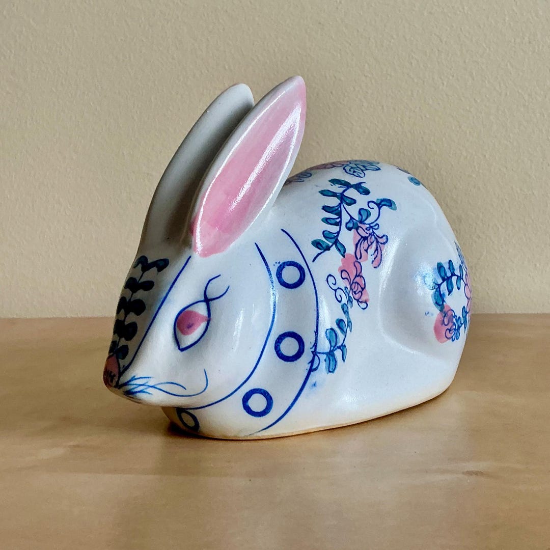 Vintage Ceramic Chinoiserie Bunny Rabbit Figurine, Pink and Blue Hand ...