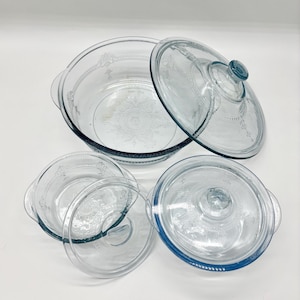 Set of 3 Fire King Sapphire Blue Philbe Casserole Dishes w Lids, 1940s Blue Glass