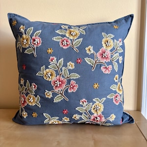 Vintage Floral Embroidered Pillow Cover with Down Insert, Blue Decorative Throw Pillow, Cottagecore Flower Decor