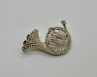 Vintage French Horn Brooch, Gold Tone with Faux Pearls and Rhinestones, Vintage Jewelry